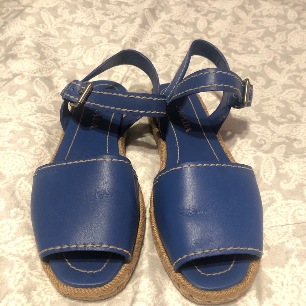 Prada Blue Leather Espadrille Flat 40 Sandals